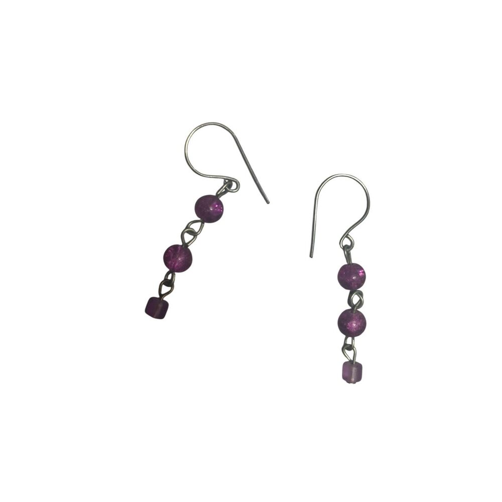 Vintage Purple Beaded Artisan Dangle Earrings - Silver Tone